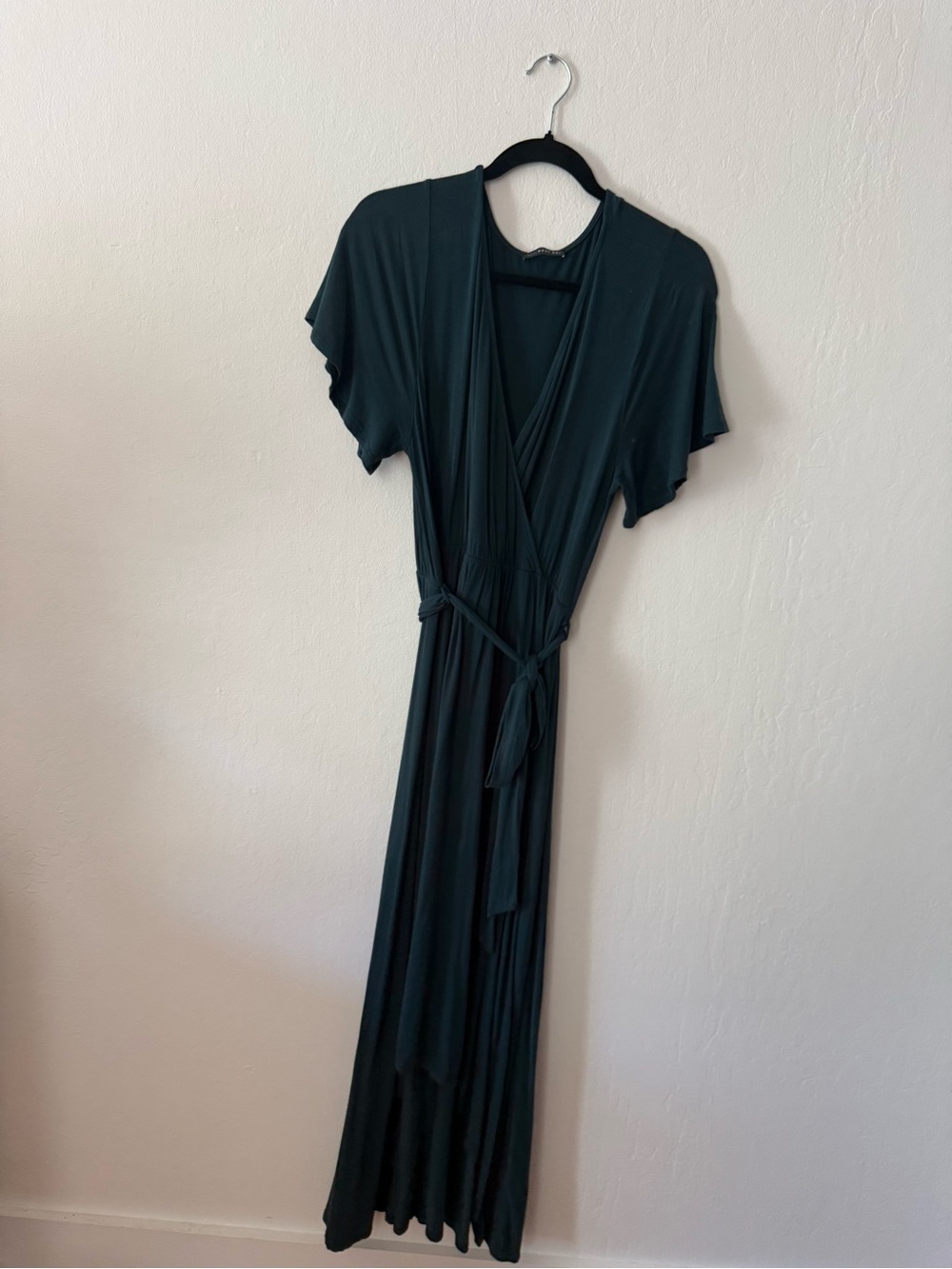 West Kei Faux Wrap maxi Dress with flutter sleeves forest dark green